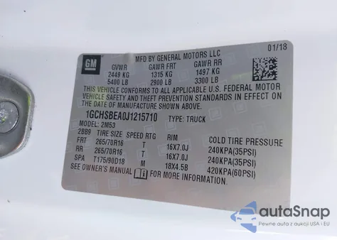 2018 Chevrolet Colorado Wt z USA, uszkodzony, nr VIN 1GCHSBEA0J1215710